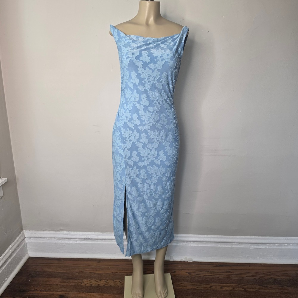 Zesica Dress Women Medium Blue Floral Burnout Off Shoulder Bodycon Slit 0692